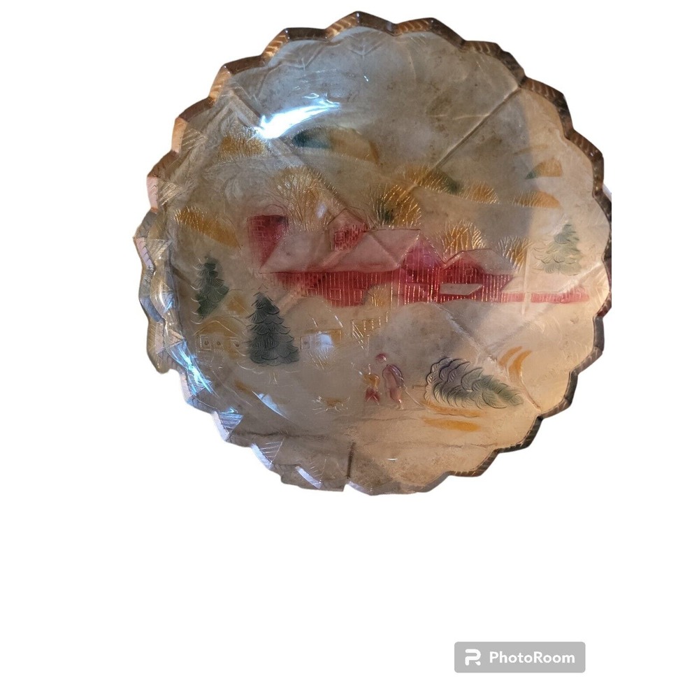 Vintage Christmas Serving Platter Glass Round Painted Scene
